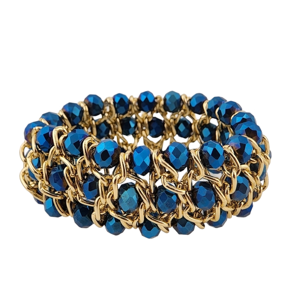 Sitti Chunky Bracelet Bohemian Gold Tone Stretchable Blue Weave Iridescent
